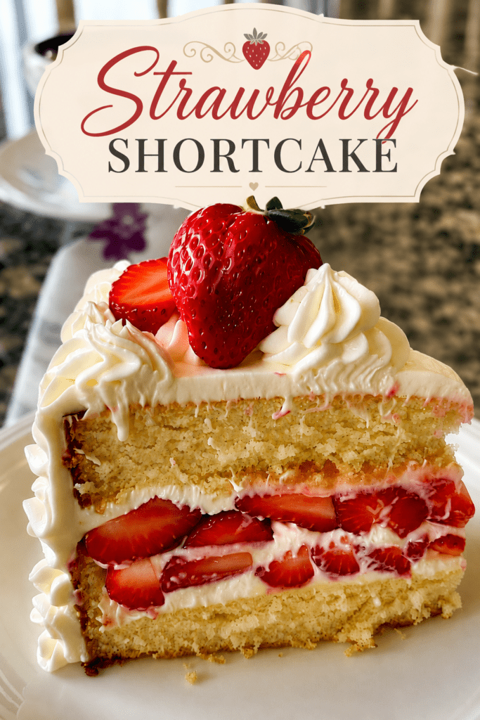 Strawberry cream layer cake with soft vanilla cake layers, mascarpone whipped cream filling, sliced fresh strawberries, and whole strawberries on top.