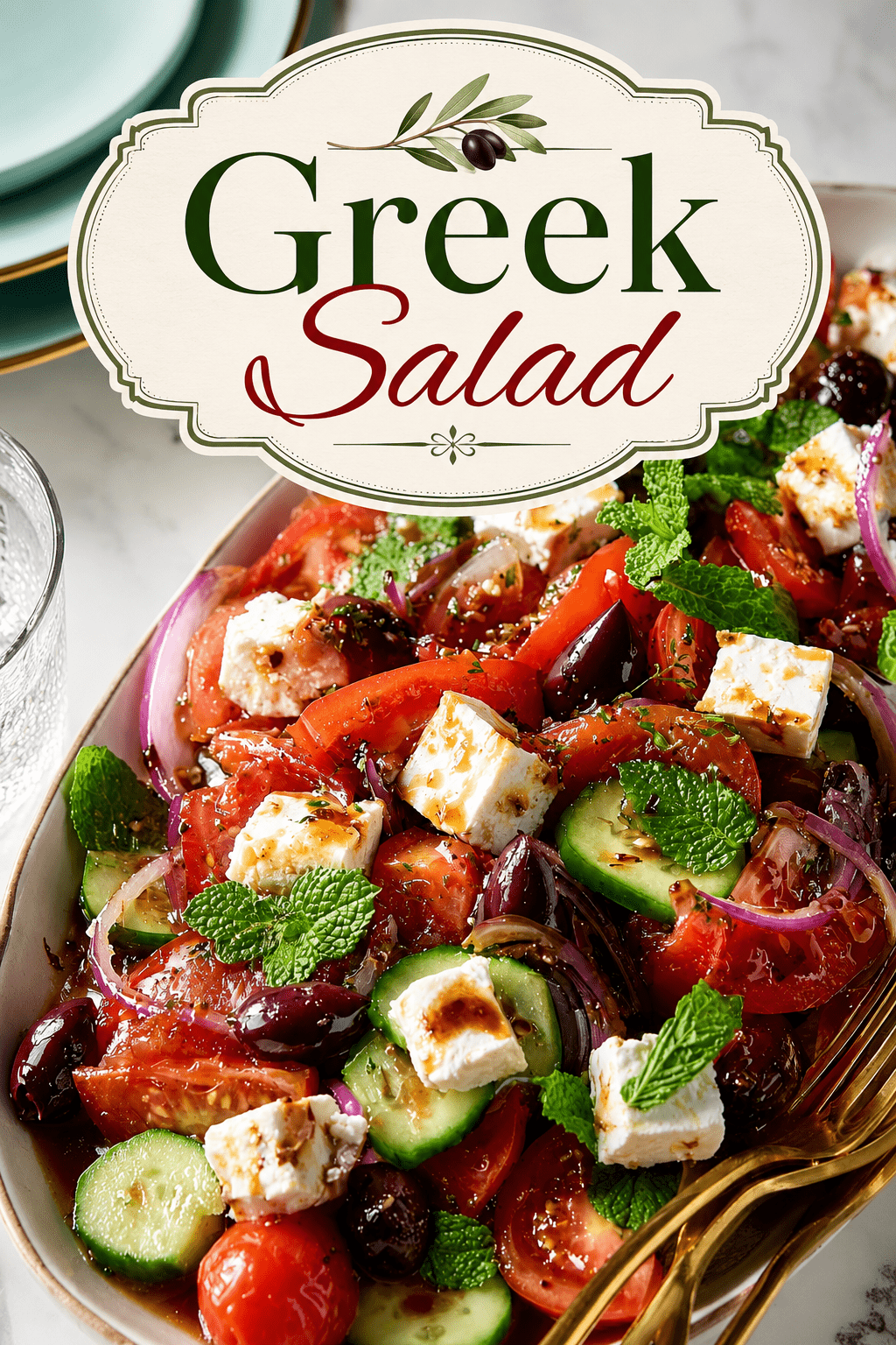 Fresh Greek feta cucumber tomato salad served in a bowl with tomato wedges, cucumber slices, red onion, feta cubes, olives, mint, parsley, and oregano dressing.
