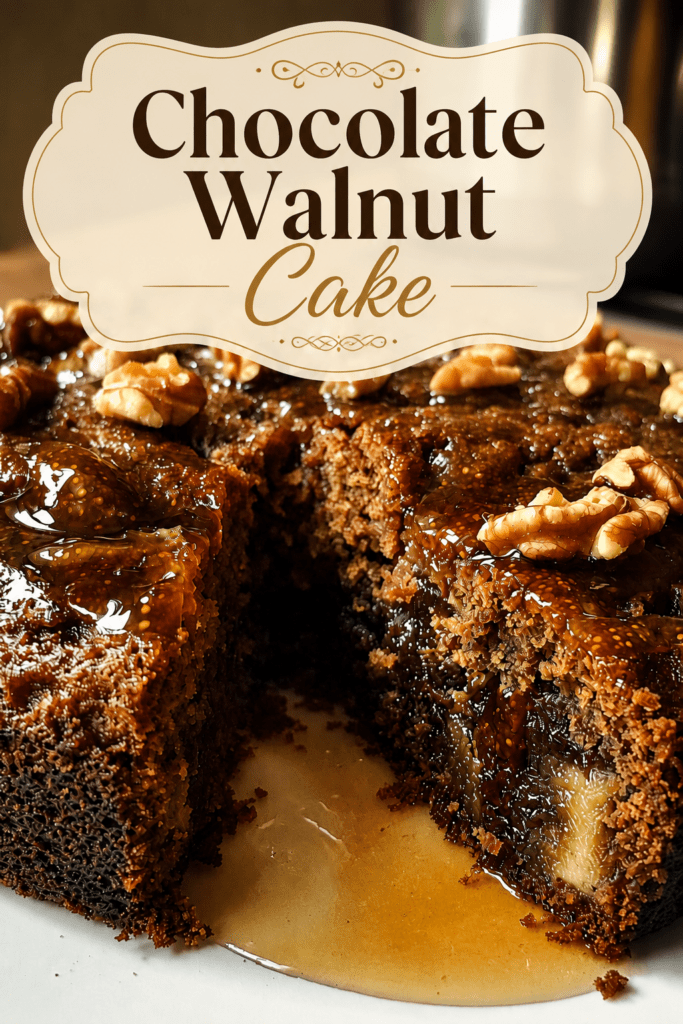 Moist fig walnut cake topped with glossy honey fig glaze, walnut halves, chopped figs, and a golden crumb served on a rustic cake plate.