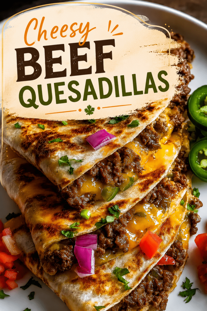 Cheesy beef quesadillas sliced into golden triangles with seasoned ground beef, melted cheddar, mozzarella, salsa, guacamole, sour cream, jalapeños, and fresh cilantro.