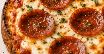 Close-up of high-protein cottage cheese pizza toast on thick golden bread, topped with tomato sauce, melted cheese, pepperoni slices, herbs, and crispy edges.