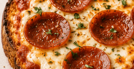 Close-up of high-protein cottage cheese pizza toast on thick golden bread, topped with tomato sauce, melted cheese, pepperoni slices, herbs, and crispy edges.