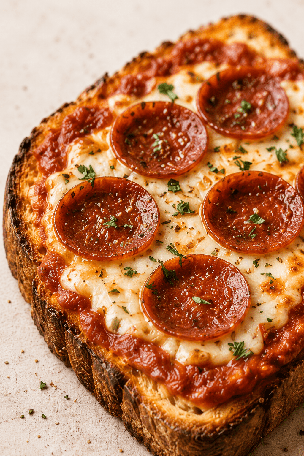 Close-up of high-protein cottage cheese pizza toast on thick golden bread, topped with tomato sauce, melted cheese, pepperoni slices, herbs, and crispy edges.