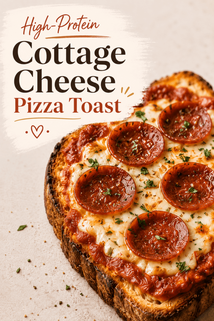 Close-up of high-protein cottage cheese pizza toast on thick golden bread, topped with tomato sauce, melted cheese, pepperoni slices, herbs, and crispy edges.