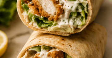Close-up of crispy air fryer chicken Caesar wraps filled with golden chicken pieces, romaine lettuce, creamy Caesar dressing, parmesan, and soft tortillas.