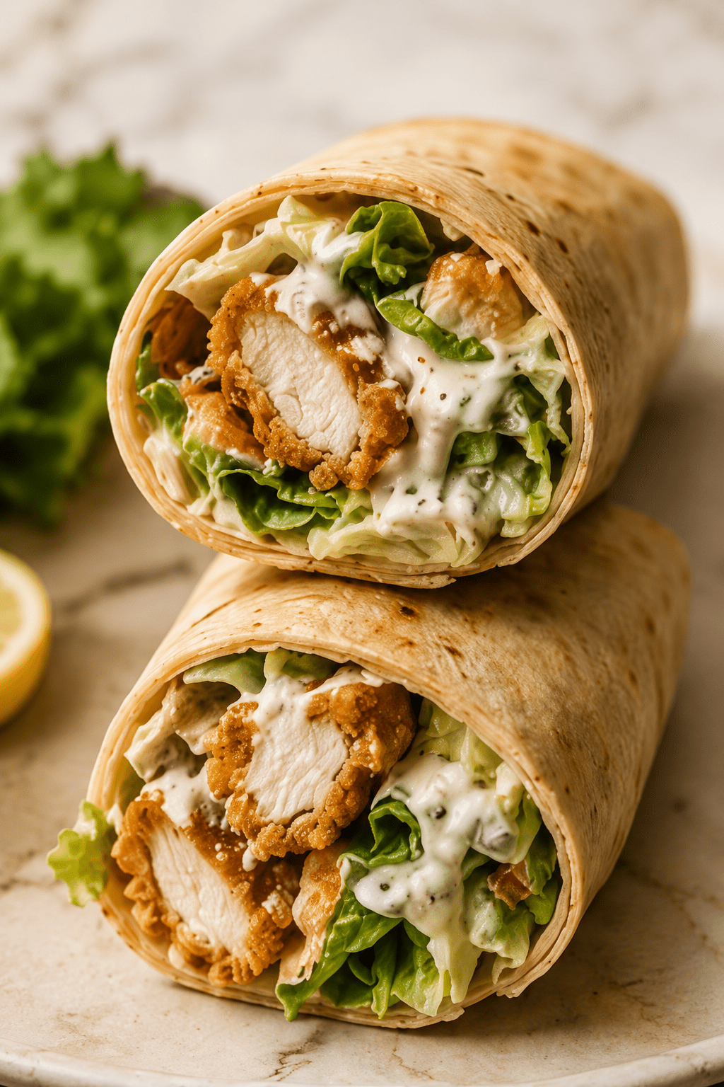 Close-up of crispy air fryer chicken Caesar wraps filled with golden chicken pieces, romaine lettuce, creamy Caesar dressing, parmesan, and soft tortillas.