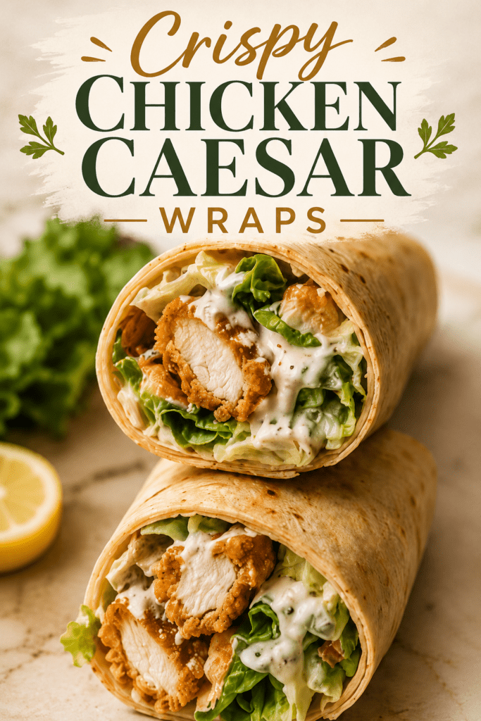 Close-up of crispy air fryer chicken Caesar wraps filled with golden chicken pieces, romaine lettuce, creamy Caesar dressing, parmesan, and soft tortillas.