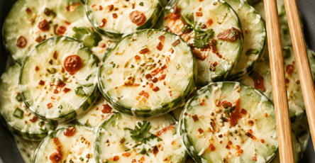 Close-up of viral cucumber salad with thin cucumber slices tossed in creamy chili garlic dressing, topped with sesame seeds, herbs, and red chili flakes.