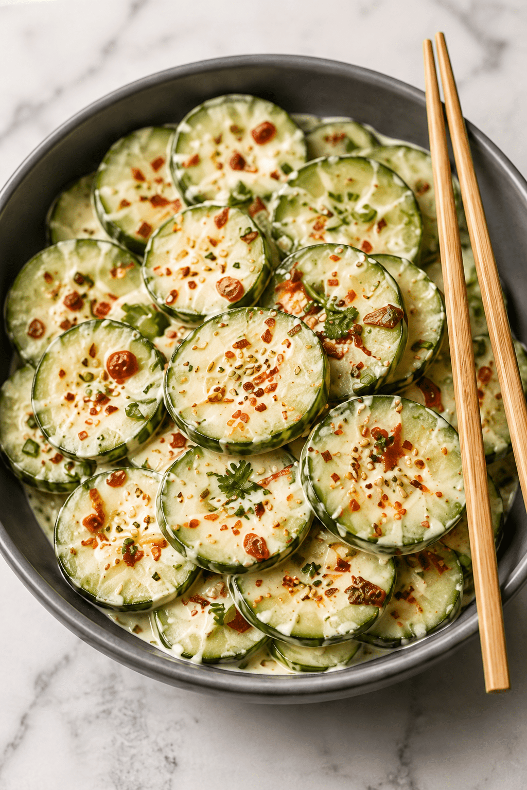 Close-up of viral cucumber salad with thin cucumber slices tossed in creamy chili garlic dressing, topped with sesame seeds, herbs, and red chili flakes.