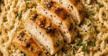 Close-up of creamy garlic parmesan chicken orzo served in a pan with sliced golden chicken breast, tender orzo pasta, parmesan cheese, herbs, and black pepper.