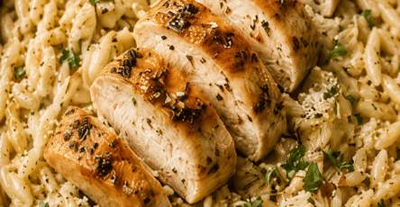 Close-up of creamy garlic parmesan chicken orzo served in a pan with sliced golden chicken breast, tender orzo pasta, parmesan cheese, herbs, and black pepper.