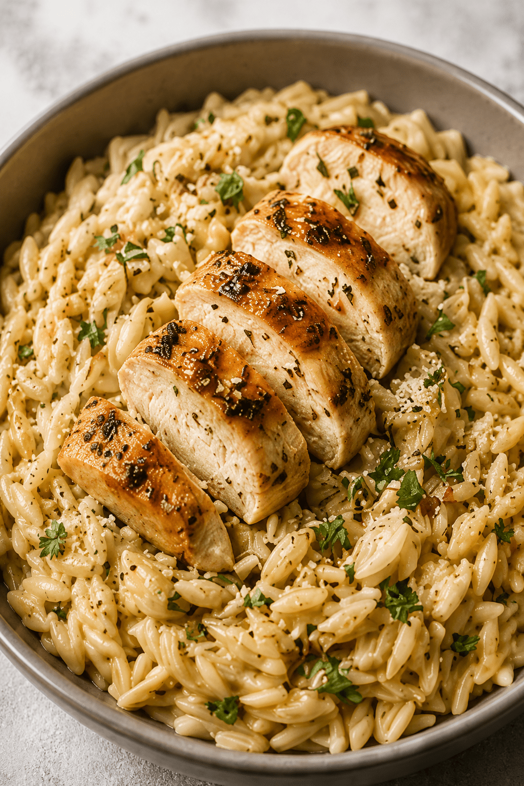 Close-up of creamy garlic parmesan chicken orzo served in a pan with sliced golden chicken breast, tender orzo pasta, parmesan cheese, herbs, and black pepper.