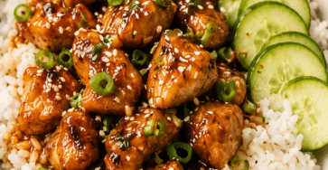 Close-up of hot honey chicken rice bowls with sticky glazed chicken pieces over fluffy white rice, sliced cucumbers, fresh herbs, sesame seeds, and spicy honey sauce.