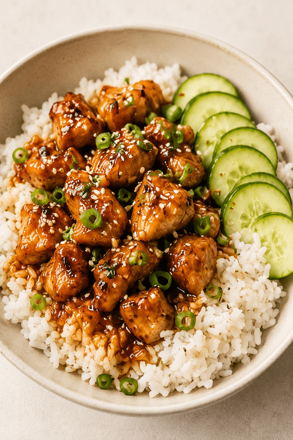 Close-up of hot honey chicken rice bowls with sticky glazed chicken pieces over fluffy white rice, sliced cucumbers, fresh herbs, sesame seeds, and spicy honey sauce.