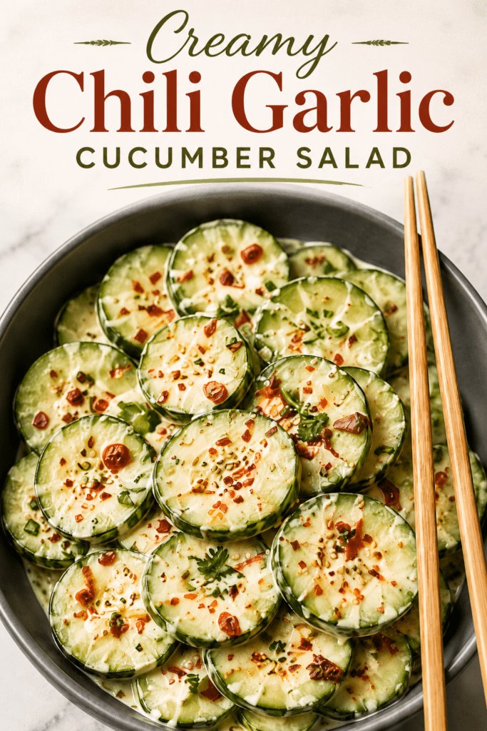 Close-up of viral cucumber salad with thin cucumber slices tossed in creamy chili garlic dressing, topped with sesame seeds, herbs, and red chili flakes.