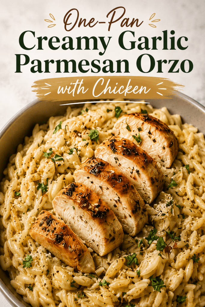 Close-up of creamy garlic parmesan chicken orzo served in a pan with sliced golden chicken breast, tender orzo pasta, parmesan cheese, herbs, and black pepper.