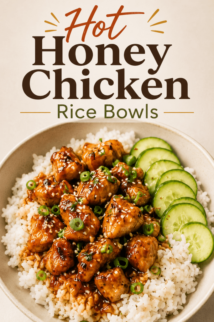 Close-up of hot honey chicken rice bowls with sticky glazed chicken pieces over fluffy white rice, sliced cucumbers, fresh herbs, sesame seeds, and spicy honey sauce.