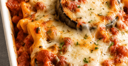 Close-up of eggplant parmesan pasta bake in a baking dish with tender pasta, roasted eggplant, rich tomato sauce, melted mozzarella, parmesan, and fresh basil.