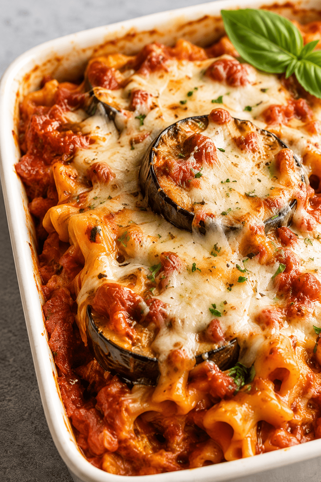 Close-up of eggplant parmesan pasta bake in a baking dish with tender pasta, roasted eggplant, rich tomato sauce, melted mozzarella, parmesan, and fresh basil.
