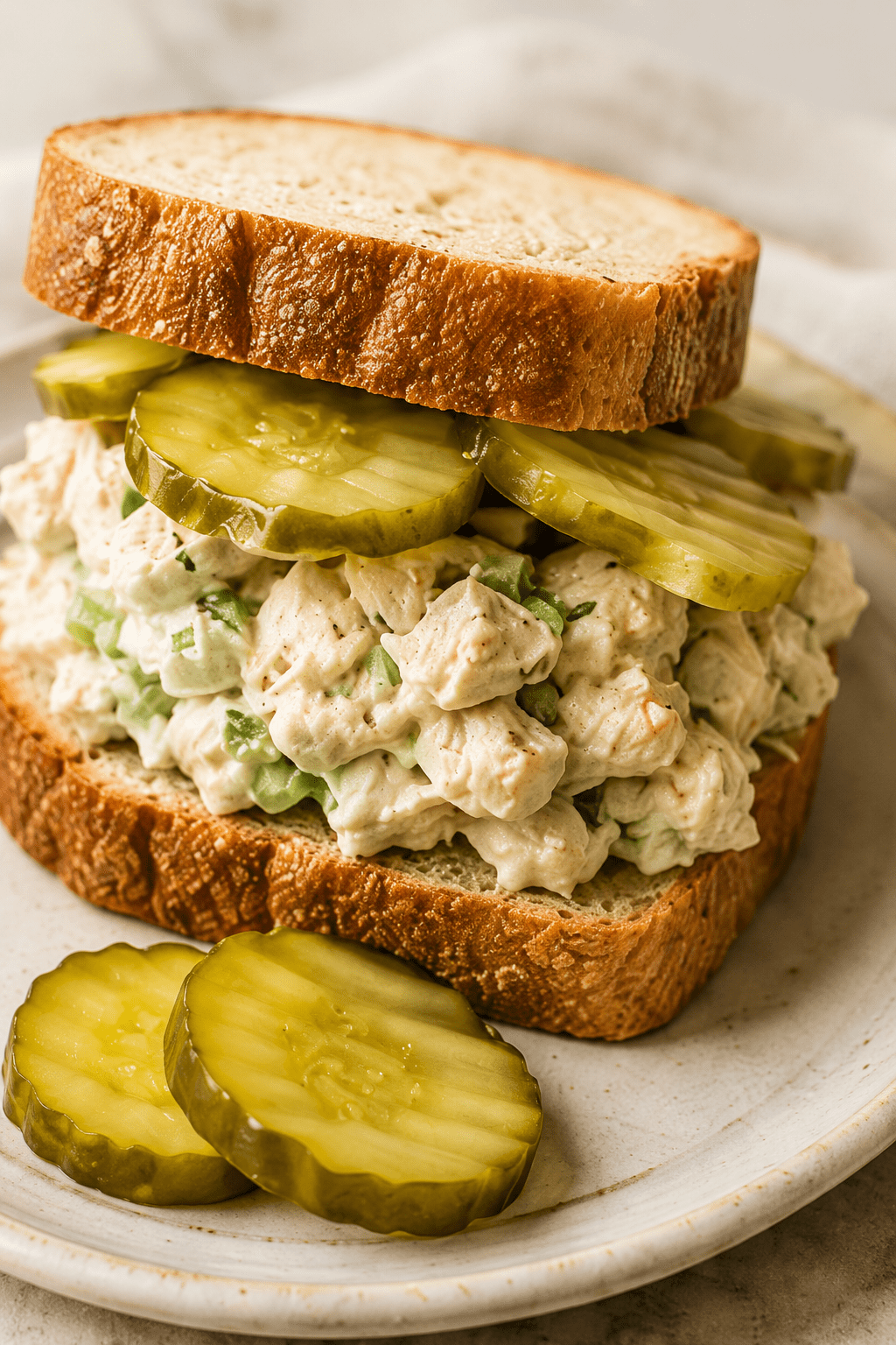 Close-up of pickle chicken salad sandwiches filled with creamy shredded chicken, crunchy dill pickles, fresh herbs, lettuce, and soft sandwich bread.