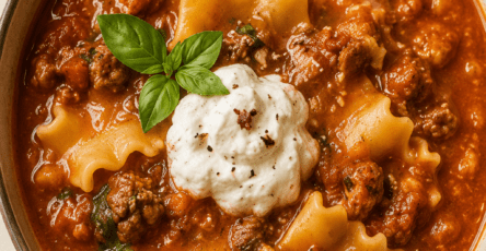 Close-up of high-protein lasagna soup in a bowl with rich tomato broth, tender pasta pieces, lean ground meat, melted mozzarella, cottage cheese, parmesan, and fresh basil.