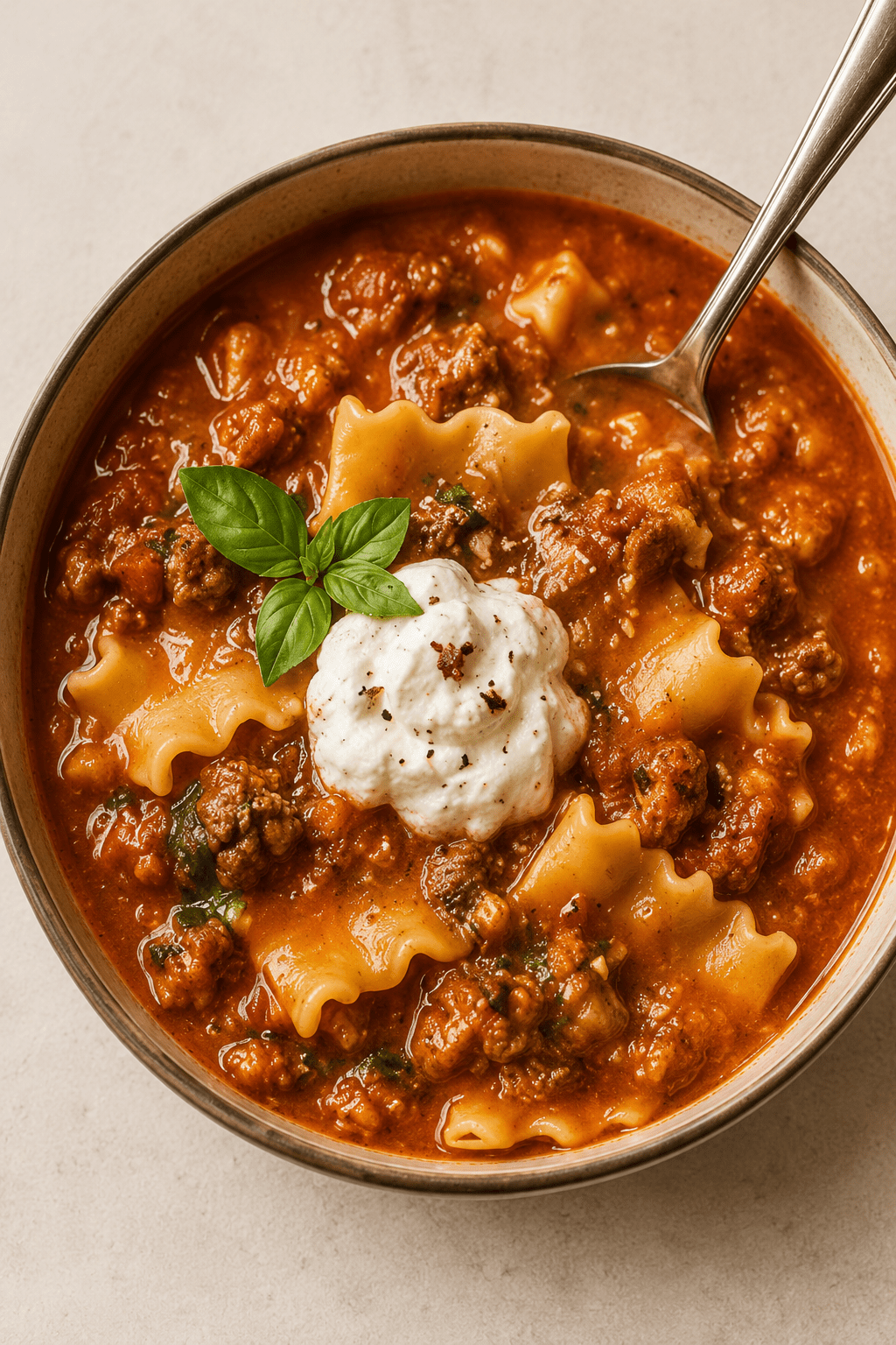Close-up of high-protein lasagna soup in a bowl with rich tomato broth, tender pasta pieces, lean ground meat, melted mozzarella, cottage cheese, parmesan, and fresh basil.
