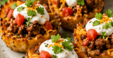 Close-up of crispy smashed potato taco cups filled with seasoned taco beef, melted cheese, sour cream, salsa, avocado, green onions, and fresh cilantro.