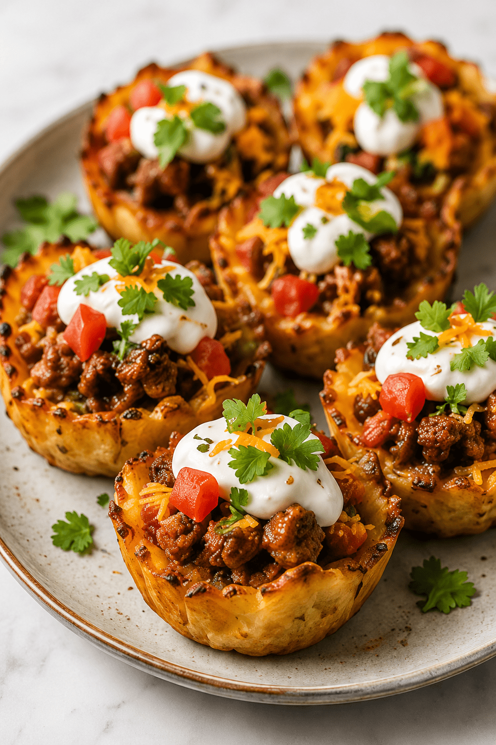 Close-up of crispy smashed potato taco cups filled with seasoned taco beef, melted cheese, sour cream, salsa, avocado, green onions, and fresh cilantro.