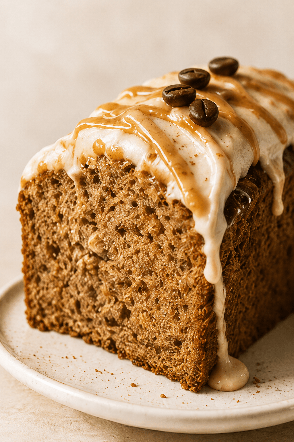 Close-up of banana bread latte cake slice with moist banana crumb, cinnamon coffee glaze, caramel drizzle, chopped walnuts, and a warm coffee cup in the background.