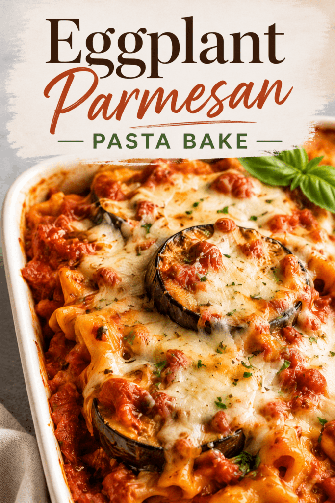 Close-up of eggplant parmesan pasta bake in a baking dish with tender pasta, roasted eggplant, rich tomato sauce, melted mozzarella, parmesan, and fresh basil.