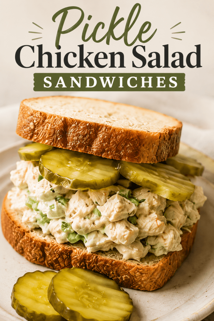 Close-up of pickle chicken salad sandwiches filled with creamy shredded chicken, crunchy dill pickles, fresh herbs, lettuce, and soft sandwich bread.
