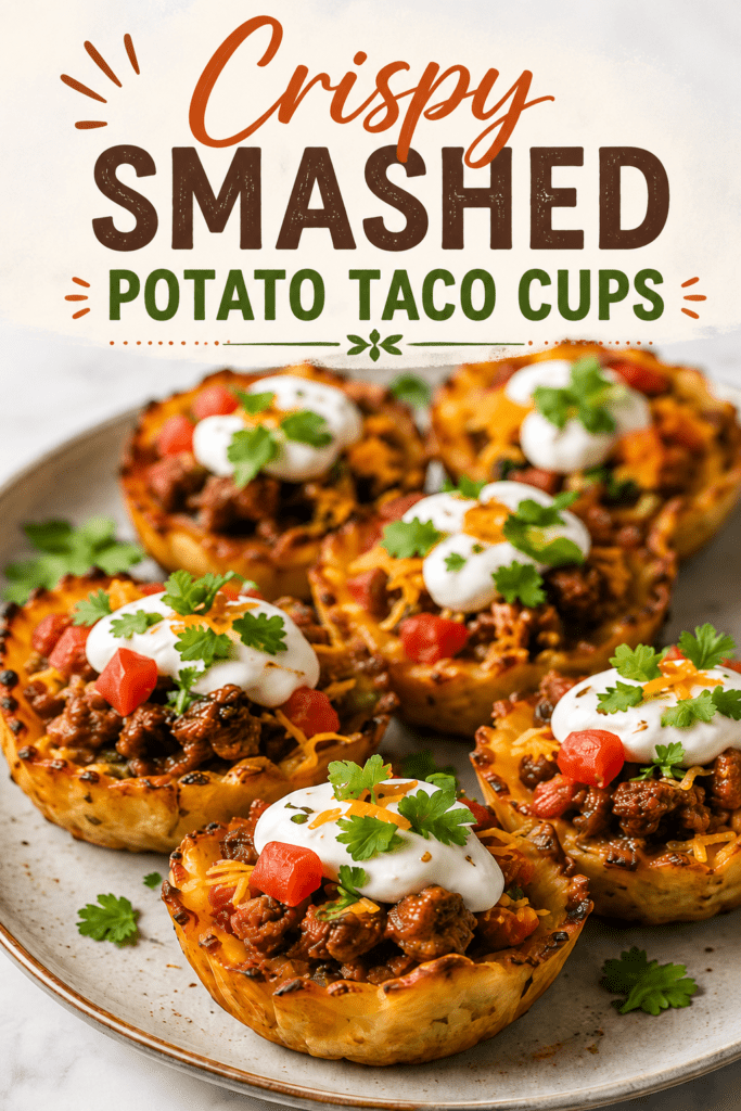 Close-up of crispy smashed potato taco cups filled with seasoned taco beef, melted cheese, sour cream, salsa, avocado, green onions, and fresh cilantro.
