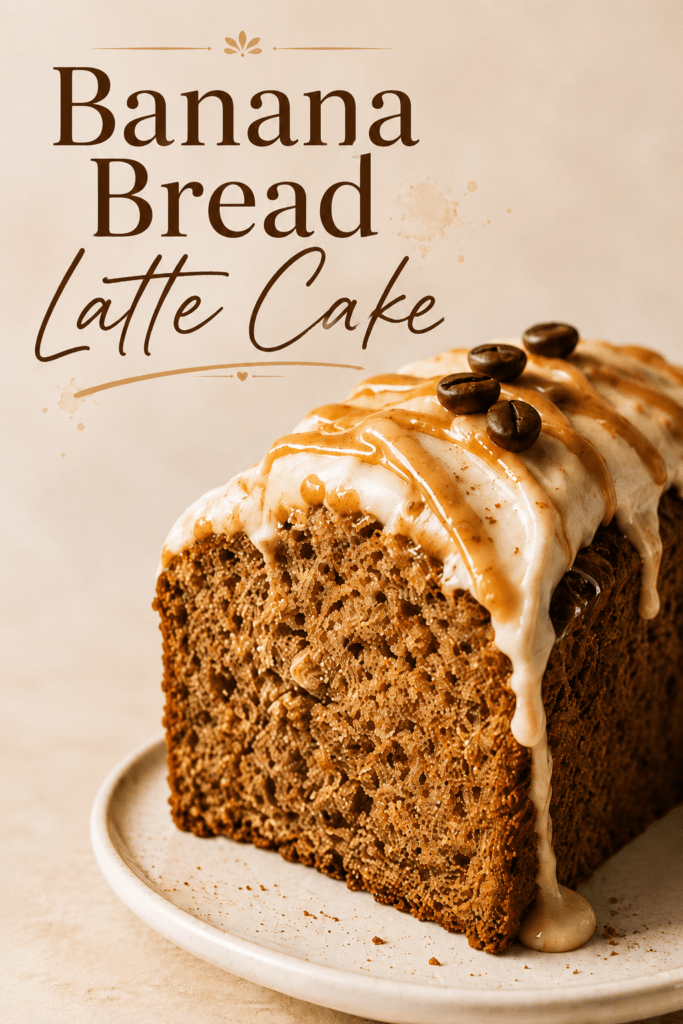 Close-up of banana bread latte cake slice with moist banana crumb, cinnamon coffee glaze, caramel drizzle, chopped walnuts, and a warm coffee cup in the background.