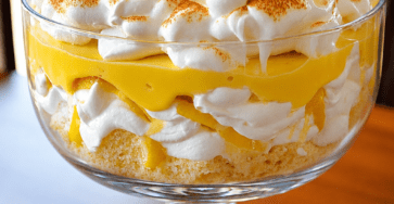 A large glass trifle bowl filled with layers of vanilla sponge cake, silky lemon cream, whipped cream, and golden toasted meringue, decorated with lemon slices and fresh lemon zest.