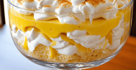A large glass trifle bowl filled with layers of vanilla sponge cake, silky lemon cream, whipped cream, and golden toasted meringue, decorated with lemon slices and fresh lemon zest.