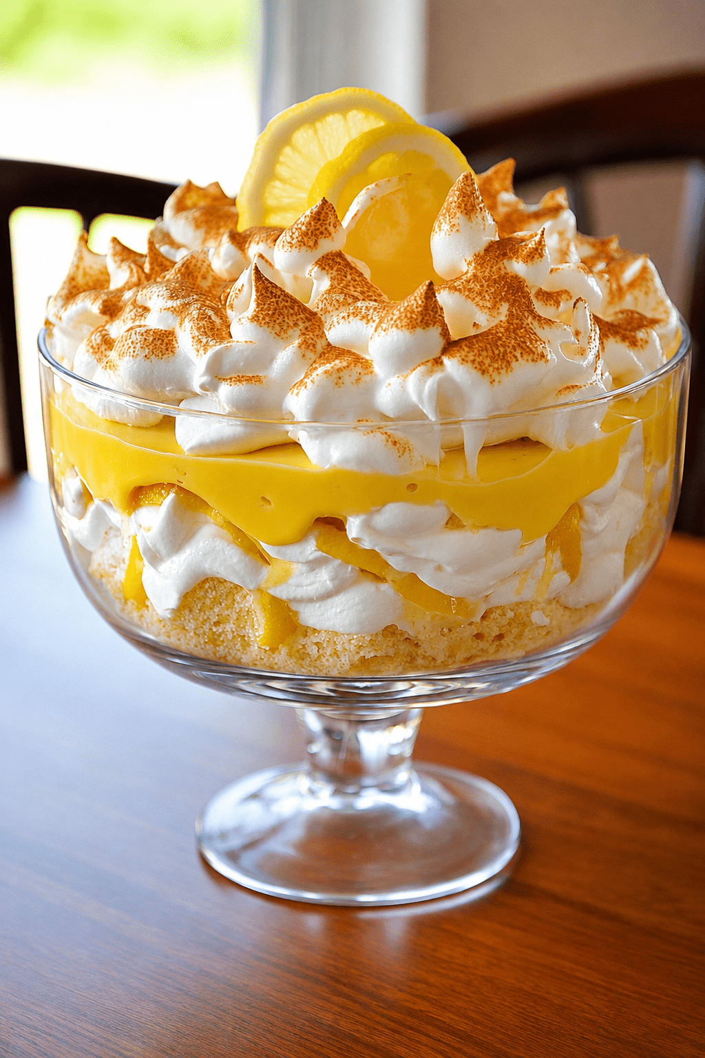 A large glass trifle bowl filled with layers of vanilla sponge cake, silky lemon cream, whipped cream, and golden toasted meringue, decorated with lemon slices and fresh lemon zest.