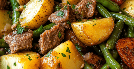 A rustic skillet filled with juicy garlic butter steak bites, golden baby potatoes, green beans, smoked sausage slices, fresh parsley, and a glossy buttery garlic sauce.