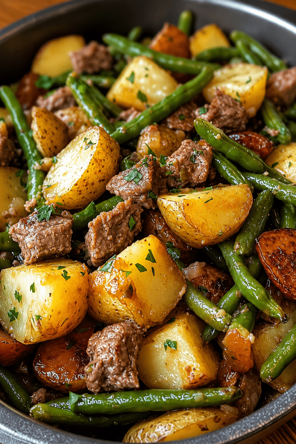 A rustic skillet filled with juicy garlic butter steak bites, golden baby potatoes, green beans, smoked sausage slices, fresh parsley, and a glossy buttery garlic sauce.