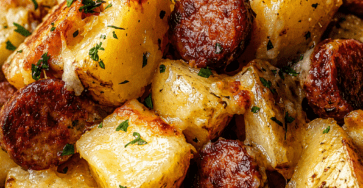 A hot skillet filled with Cheesy Sausage crispy roasted potato cubes, browned smoked sausage slices, melted mozzarella and cheddar cheese, grated parmesan, fresh parsley, and golden garlic herb seasoning.
