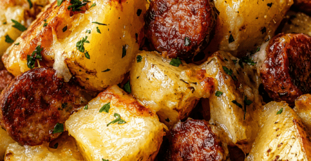 A hot skillet filled with Cheesy Sausage crispy roasted potato cubes, browned smoked sausage slices, melted mozzarella and cheddar cheese, grated parmesan, fresh parsley, and golden garlic herb seasoning.