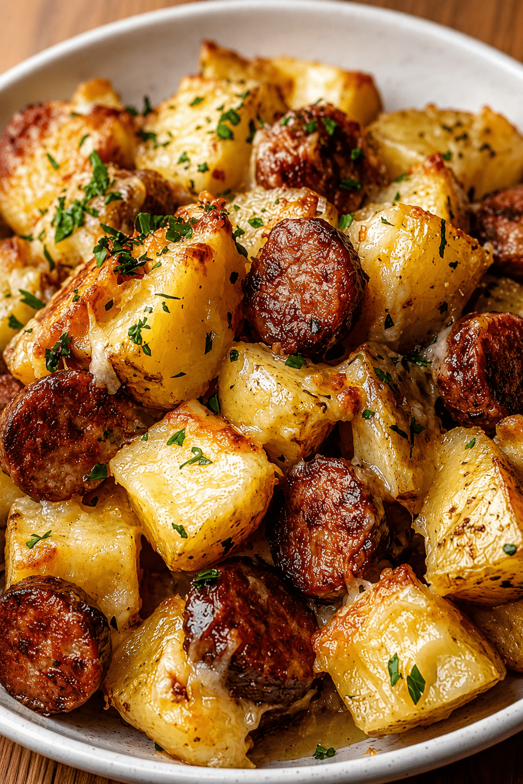 A hot skillet filled with Cheesy Sausage crispy roasted potato cubes, browned smoked sausage slices, melted mozzarella and cheddar cheese, grated parmesan, fresh parsley, and golden garlic herb seasoning.
