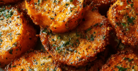 Golden roasted sweet potato rounds served on a tray with crispy parmesan edges, minced garlic, fresh parsley, black pepper, and a savory garlic butter coating.