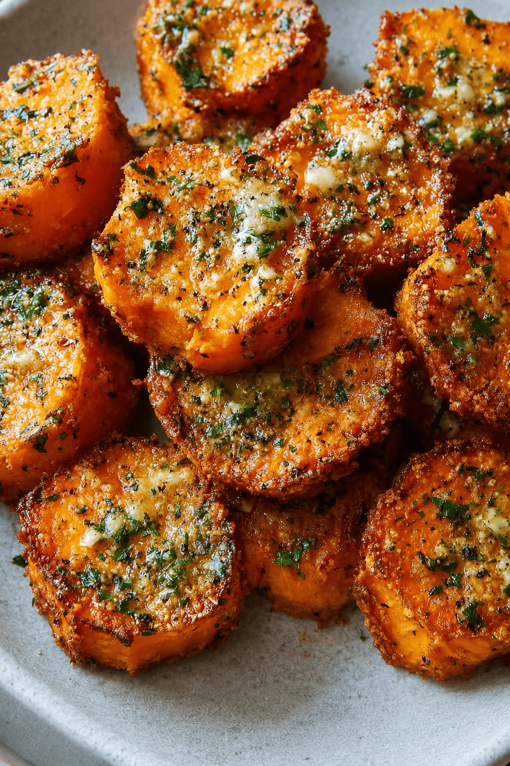 Golden roasted sweet potato rounds served on a tray with crispy parmesan edges, minced garlic, fresh parsley, black pepper, and a savory garlic butter coating.