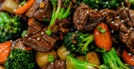 A hot beef and broccoli stir-fry served in a bowl with tender sliced beef, bright green broccoli florets, carrots, onion, glossy soy oyster sauce, sesame seeds, and chopped green onions.