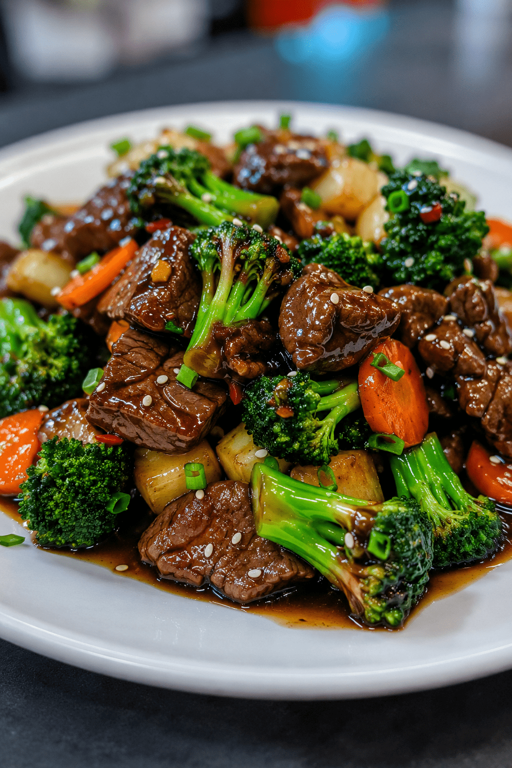 A hot beef and broccoli stir-fry served in a bowl with tender sliced beef, bright green broccoli florets, carrots, onion, glossy soy oyster sauce, sesame seeds, and chopped green onions.