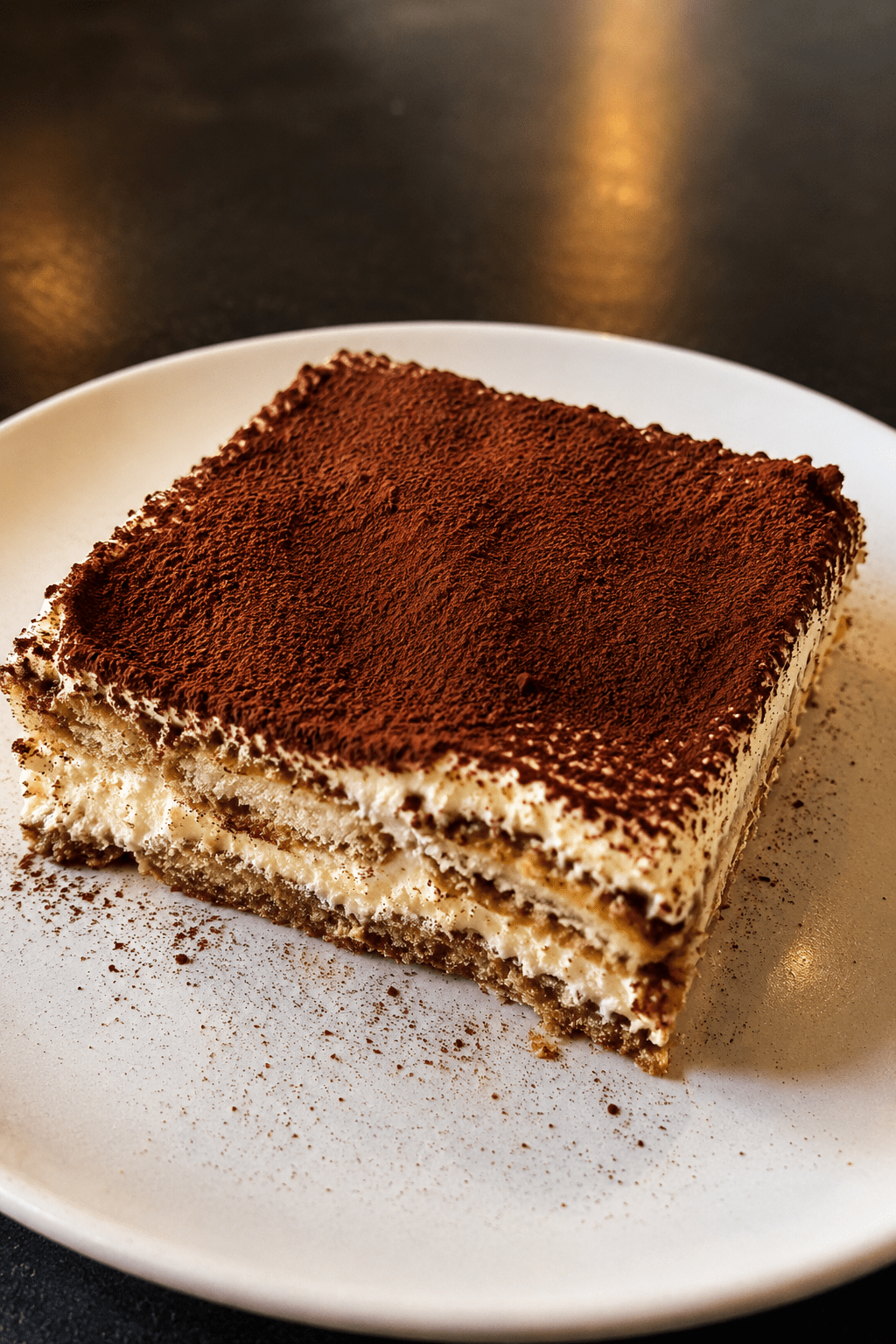 A classic tiramisu slice served on a plate with creamy mascarpone layers, coffee-soaked ladyfingers, a thick dusting of cocoa powder, and dark chocolate shavings.