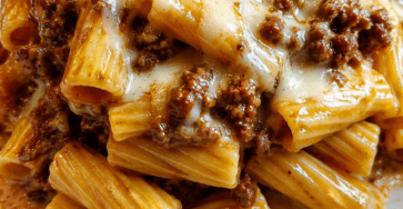 A hot bowl of cheesy beef rigatoni pasta coated in creamy tomato beef sauce with melted mozzarella, cheddar, parmesan, black pepper, and fresh parsley.