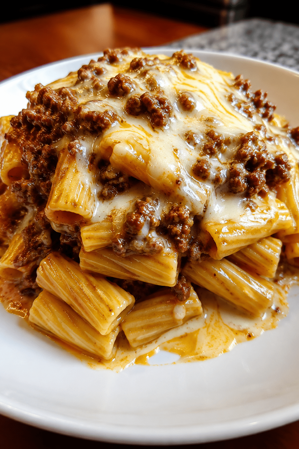 A hot bowl of cheesy beef rigatoni pasta coated in creamy tomato beef sauce with melted mozzarella, cheddar, parmesan, black pepper, and fresh parsley.