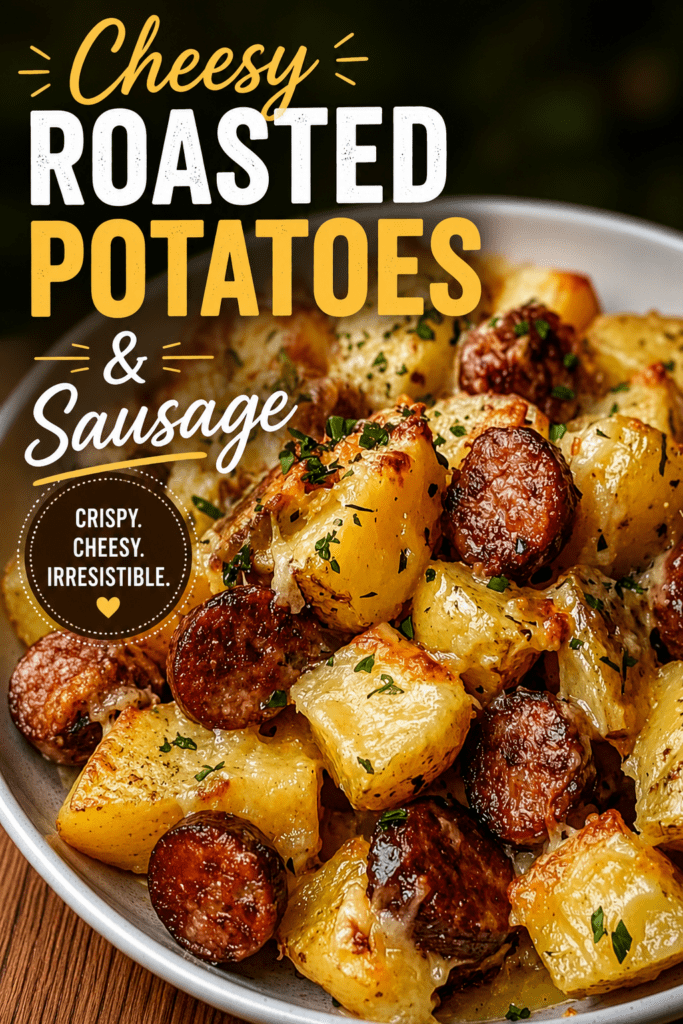 A hot skillet filled with Cheesy Sausage crispy roasted potato cubes, browned smoked sausage slices, melted mozzarella and cheddar cheese, grated parmesan, fresh parsley, and golden garlic herb seasoning.