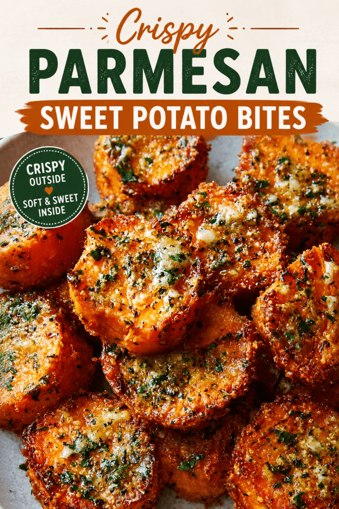 Golden roasted sweet potato rounds served on a tray with crispy parmesan edges, minced garlic, fresh parsley, black pepper, and a savory garlic butter coating.